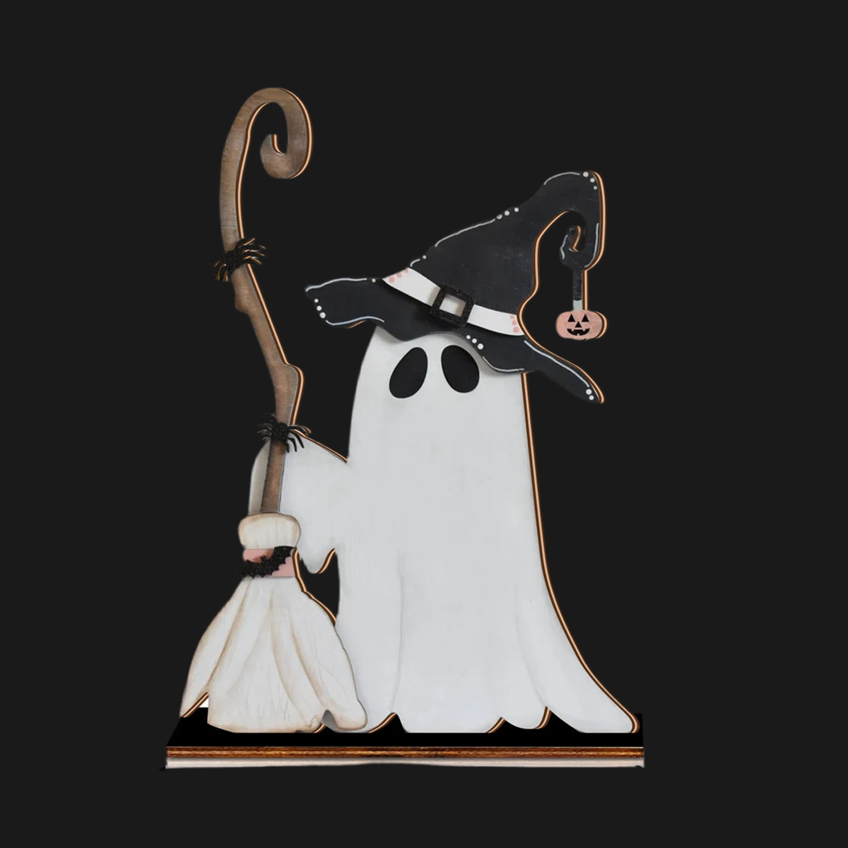 Halloween Decor Wooden Ghost with Witch Hat and Broom - Cute Home Party Ornament