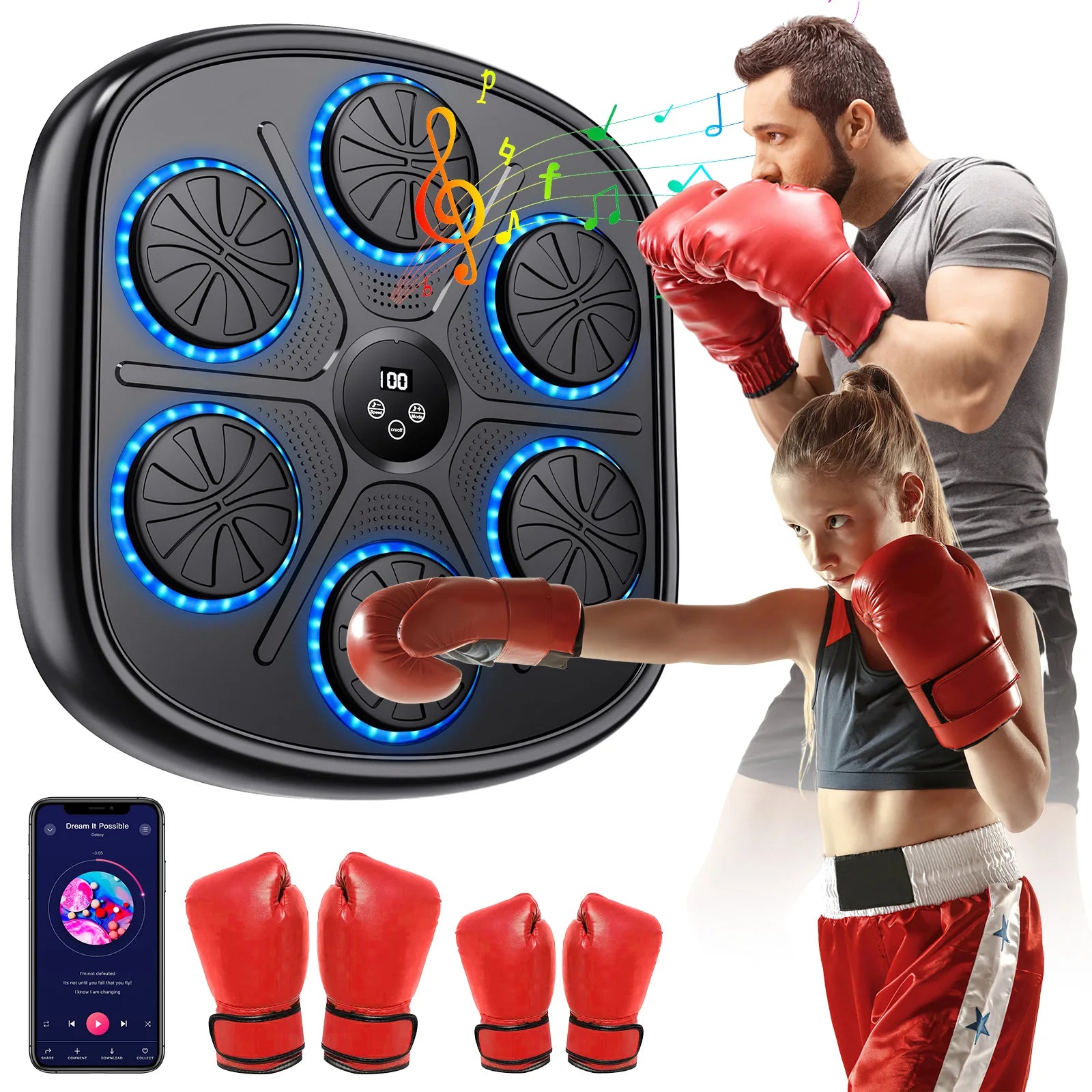 Smart Music Boxing Machine with RGB Rhythm Lights & Bluetooth-Wall-Mounted Punch Target,Adult/Kids Gloves Included for Home Gym
