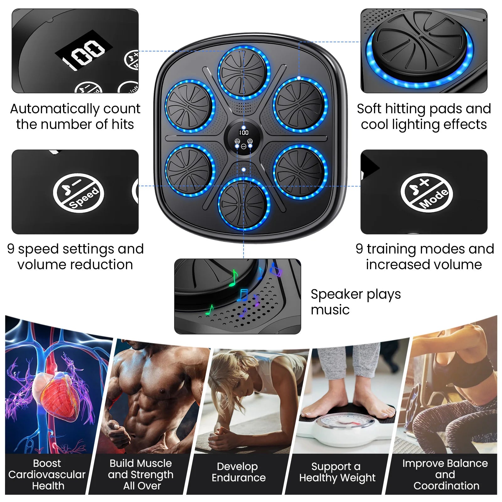 Smart Music Boxing Machine with RGB Rhythm Lights & Bluetooth-Wall-Mounted Punch Target,Adult/Kids Gloves Included for Home Gym