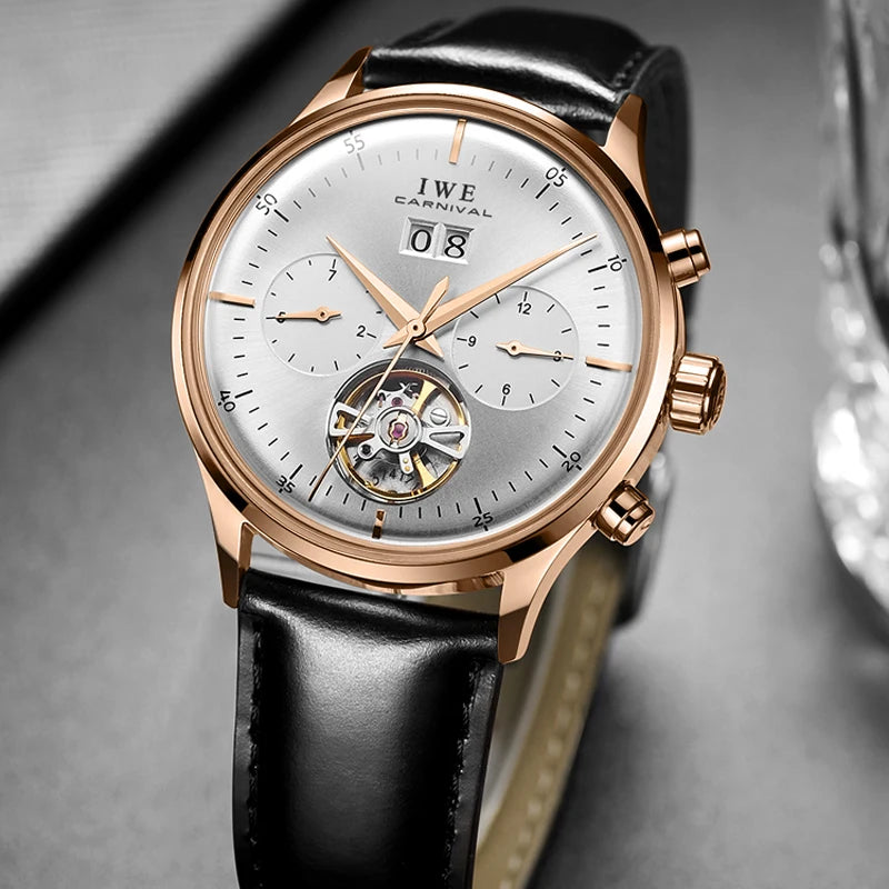 Relogio Masculino 2025 New Double Calendar Automatic Watch Auto Date Leather Waterproof Tourbillon Mechanical Watches for Men
