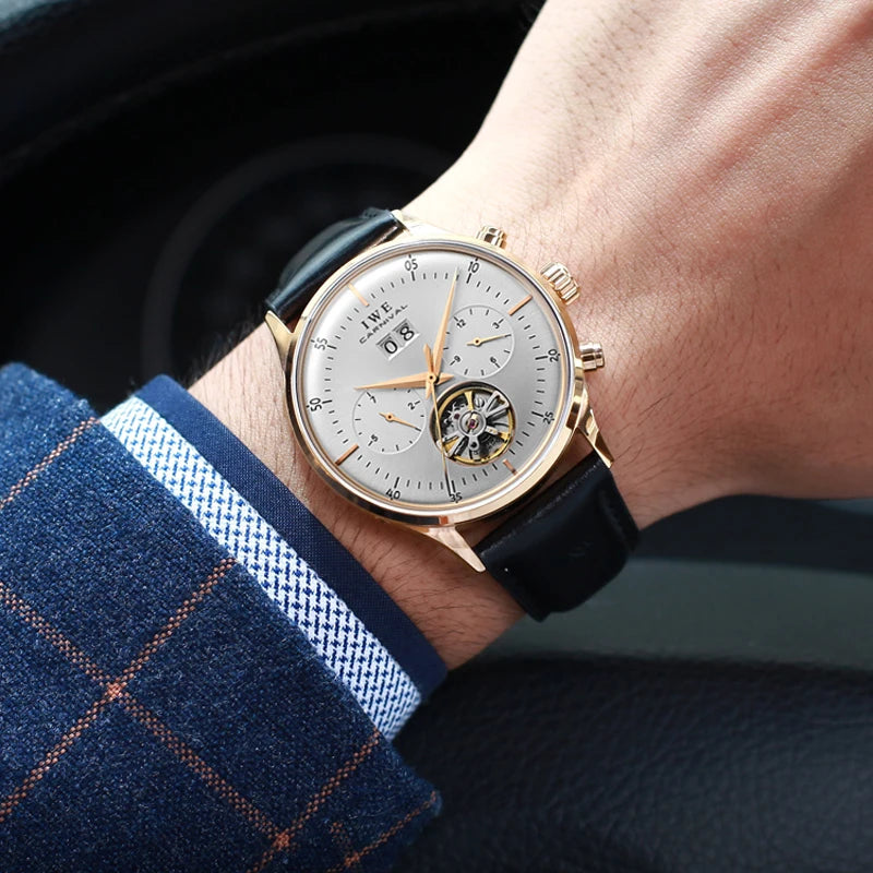 Relogio Masculino 2025 New Double Calendar Automatic Watch Auto Date Leather Waterproof Tourbillon Mechanical Watches for Men