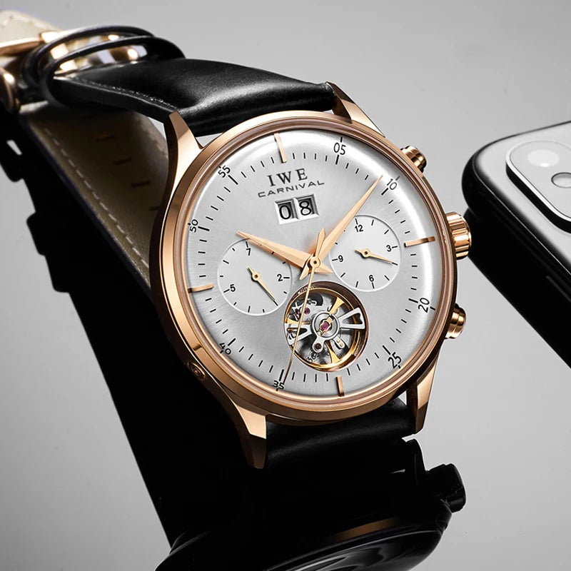 Relogio Masculino 2025 New Double Calendar Automatic Watch Auto Date Leather Waterproof Tourbillon Mechanical Watches for Men