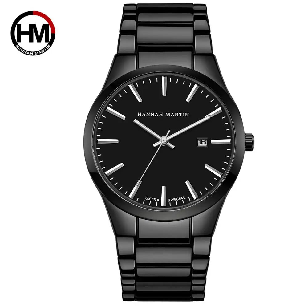 HANNAH MARTIN Men Watch 40mm Stainless Steel Quartz Fashion Business Full Black 3Bar Waterproof Sports Calendar Wristwatch reloj