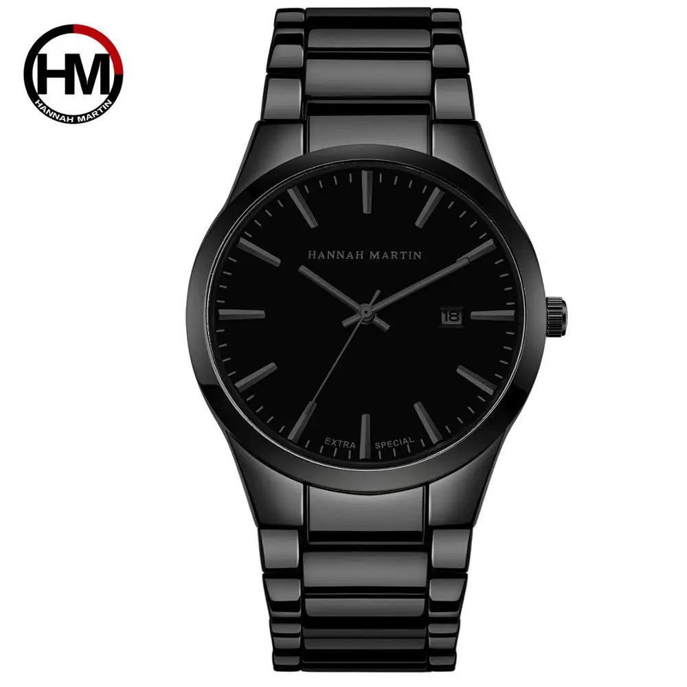 HANNAH MARTIN Men Watch 40mm Stainless Steel Quartz Fashion Business Full Black 3Bar Waterproof Sports Calendar Wristwatch reloj