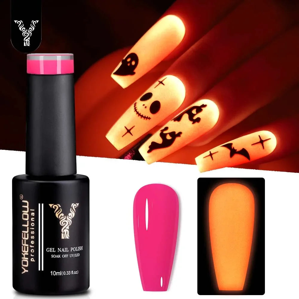 YOKEFELLOW Glow in the Dark Gel Nail Polish 10ML Orange Fluorescent Neon Luminous Gel Polish Nail Art for Halloween Women Girls