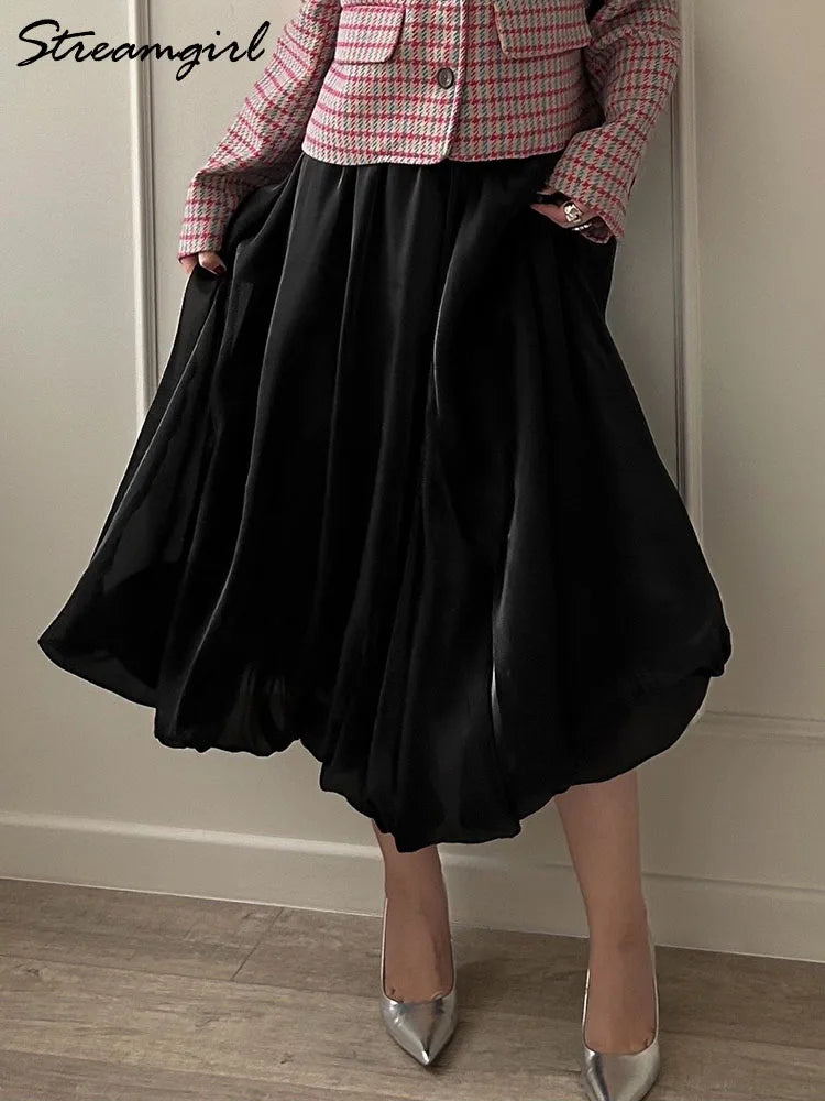 Midi Balloon Skirt Women Luxury Yarn Bright Silk Bubble Skirt For Ladies Spring Summer High Waist Women White Umbrella Skirts