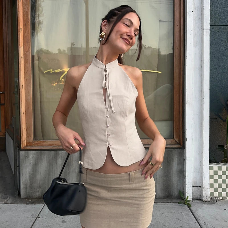 Candyhot Retro Sleeveless Buttons O Neck Lace Up Backless Tank Top Y2K Summer Fashion Sweet Daily Outdoor New All-Match Vest