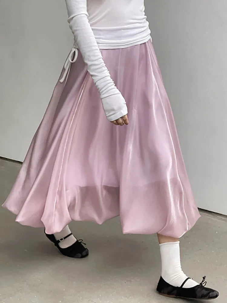 Midi Balloon Skirt Women Luxury Yarn Bright Silk Bubble Skirt For Ladies Spring Summer High Waist Women White Umbrella Skirts