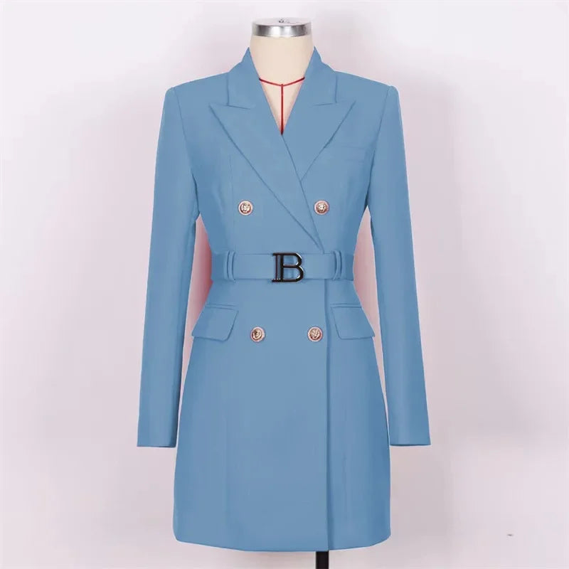 French Elegant Long Sleeve Suit Dress Waist-Cinching Short Size Professional Double-Buttoned Belted Coat for Spring