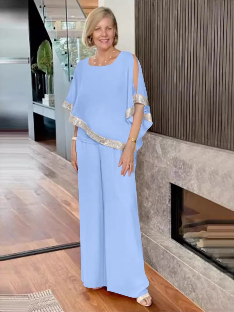 Fashion Splicing Sequin Color Matching Bat Shirt Women's Suit Spring Autumn Simple Elegant Female Wide Leg Trousers 2 Piece Set