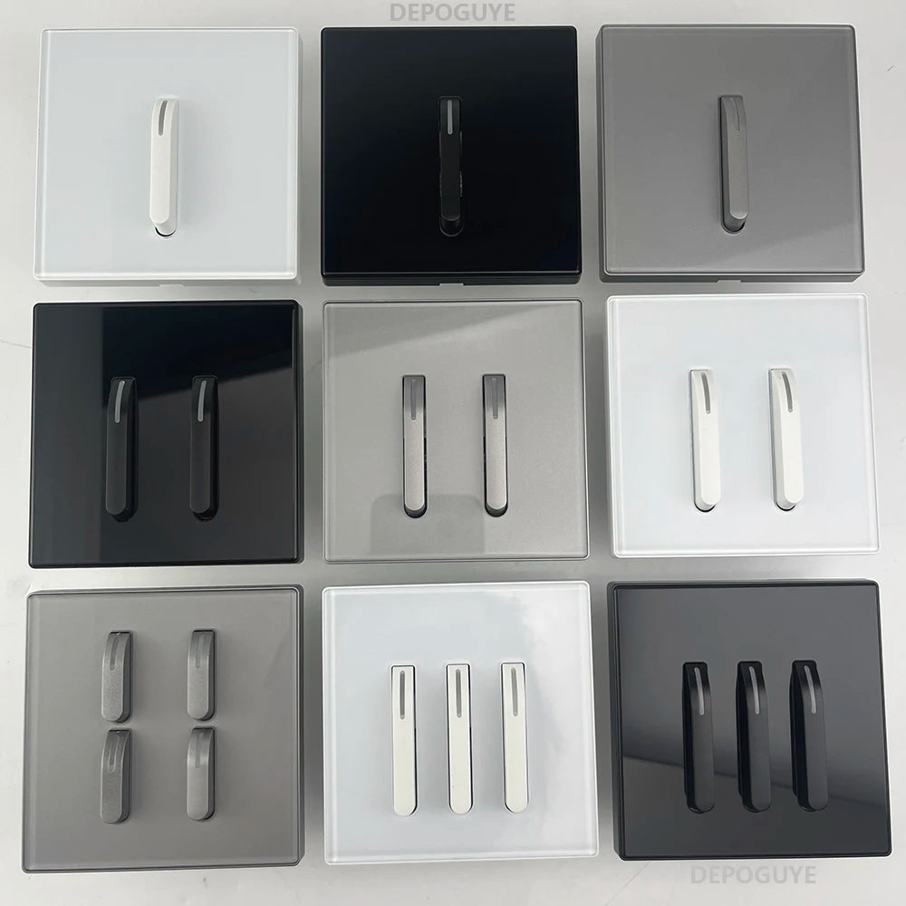 Wall Light Switch Panel Tempered Glass International Switch Self-reset 1/2/3/4 Gang 1/2 Way LED Indicator Piano Key Wall Panel