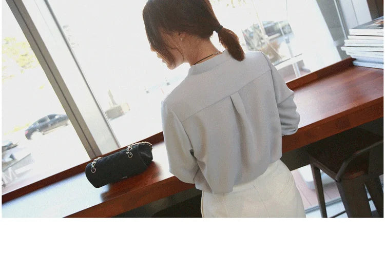 Spring Korean Style  Long Sleeve Shirt New Fashion Elegant White Chiffon Blouse Office-lady Loose Socialite Womens Tops 9382 50