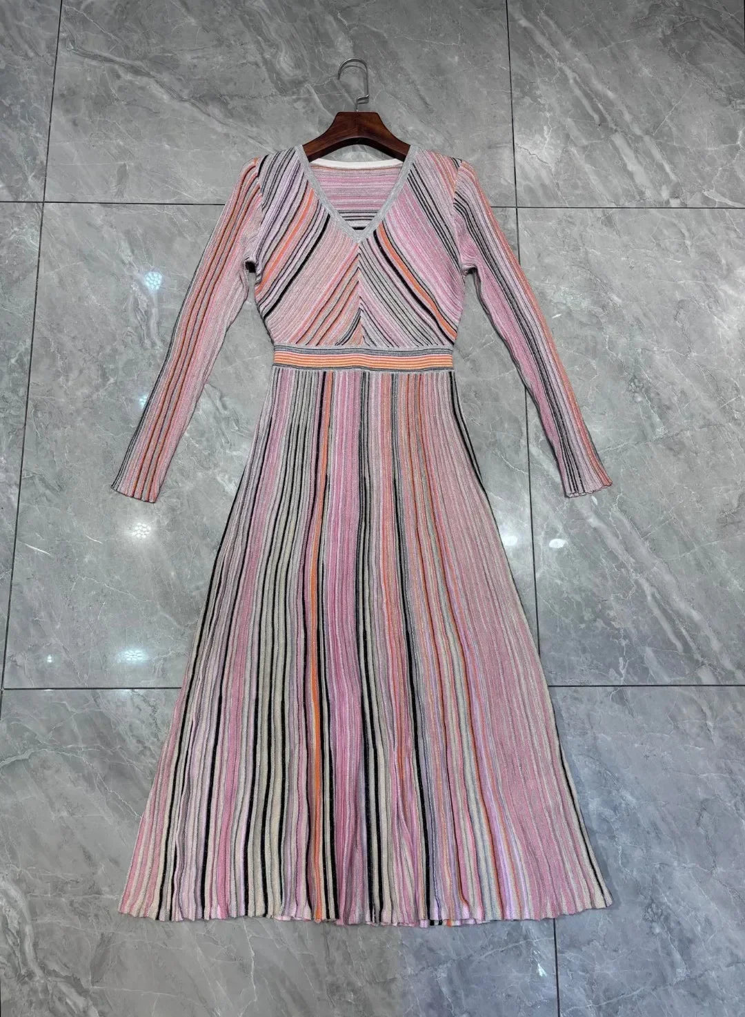 Autumn New Women's Dress High Quality V-neck Long Sleeve Striped Metal Line Luxury Ball Formal Women's Evening Dress