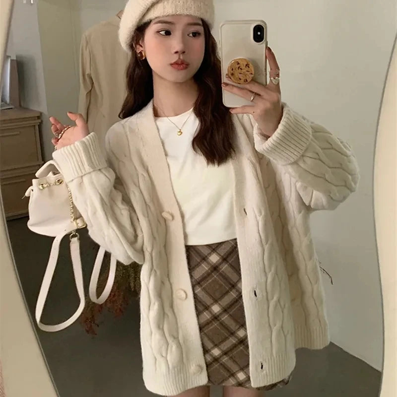 Korean Fashion Female Red Knitted Cardigan Sweater Lazy Wind Loose Cardigans Coat Spring Autumn Casual Thicken Sweater Jacket