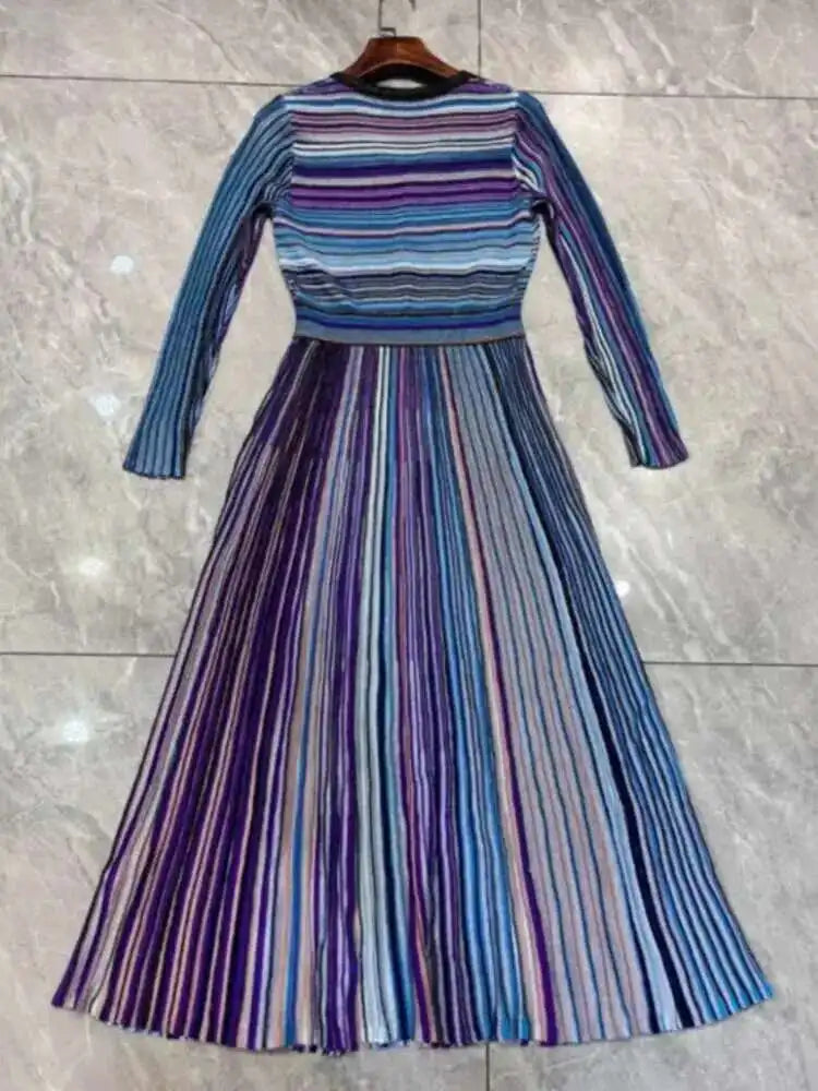 QMQA Fashion Women's Gradient Stripes Design Dresses V Neck High Waist Long Sleeve Elegant Party Dress Female Spring New 1A116