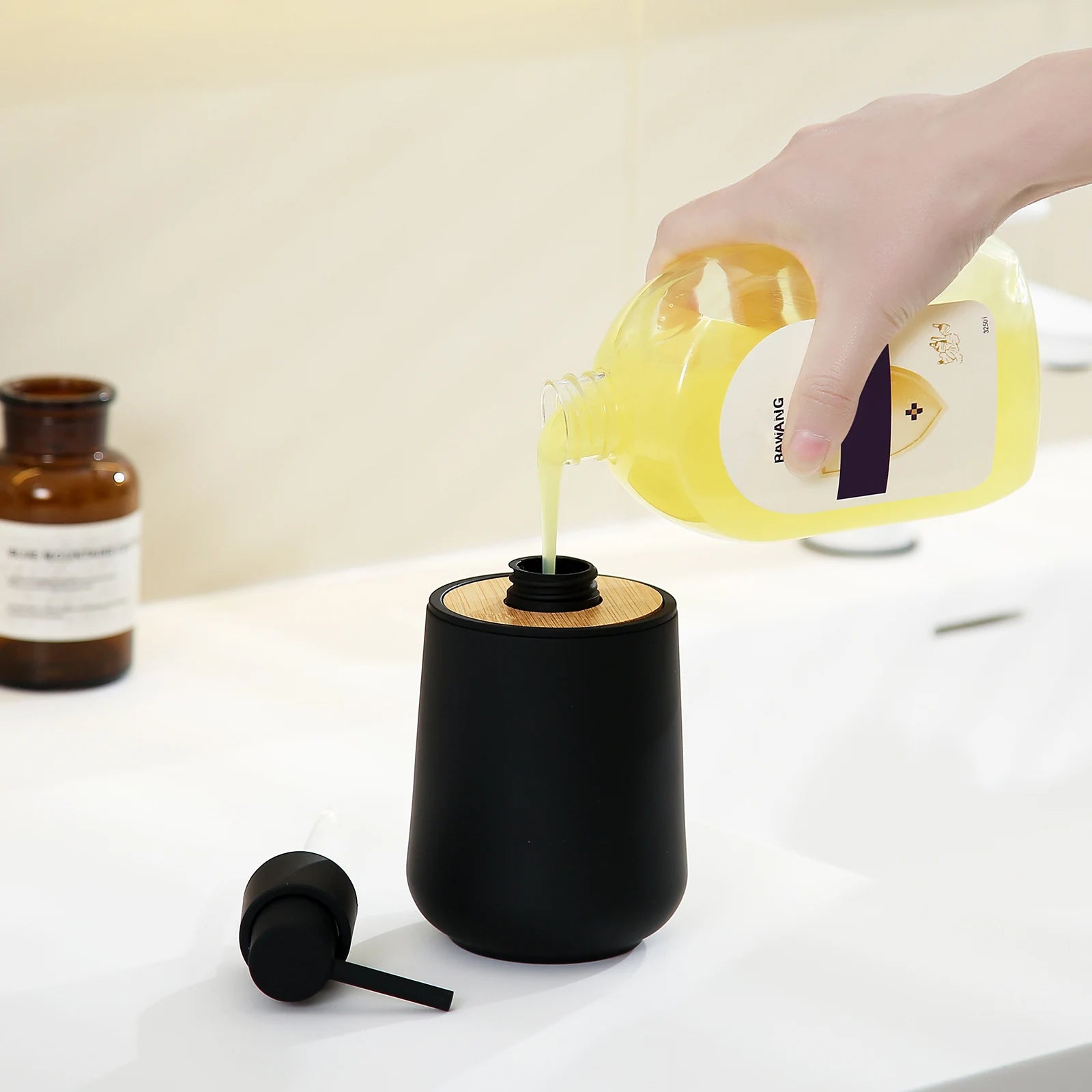 1 Modern Black Round Matte with Bamboo Trim Soap Dispenser For Bathroom Hand Soap and Kitchen Dishwashing Liquid Dispensing