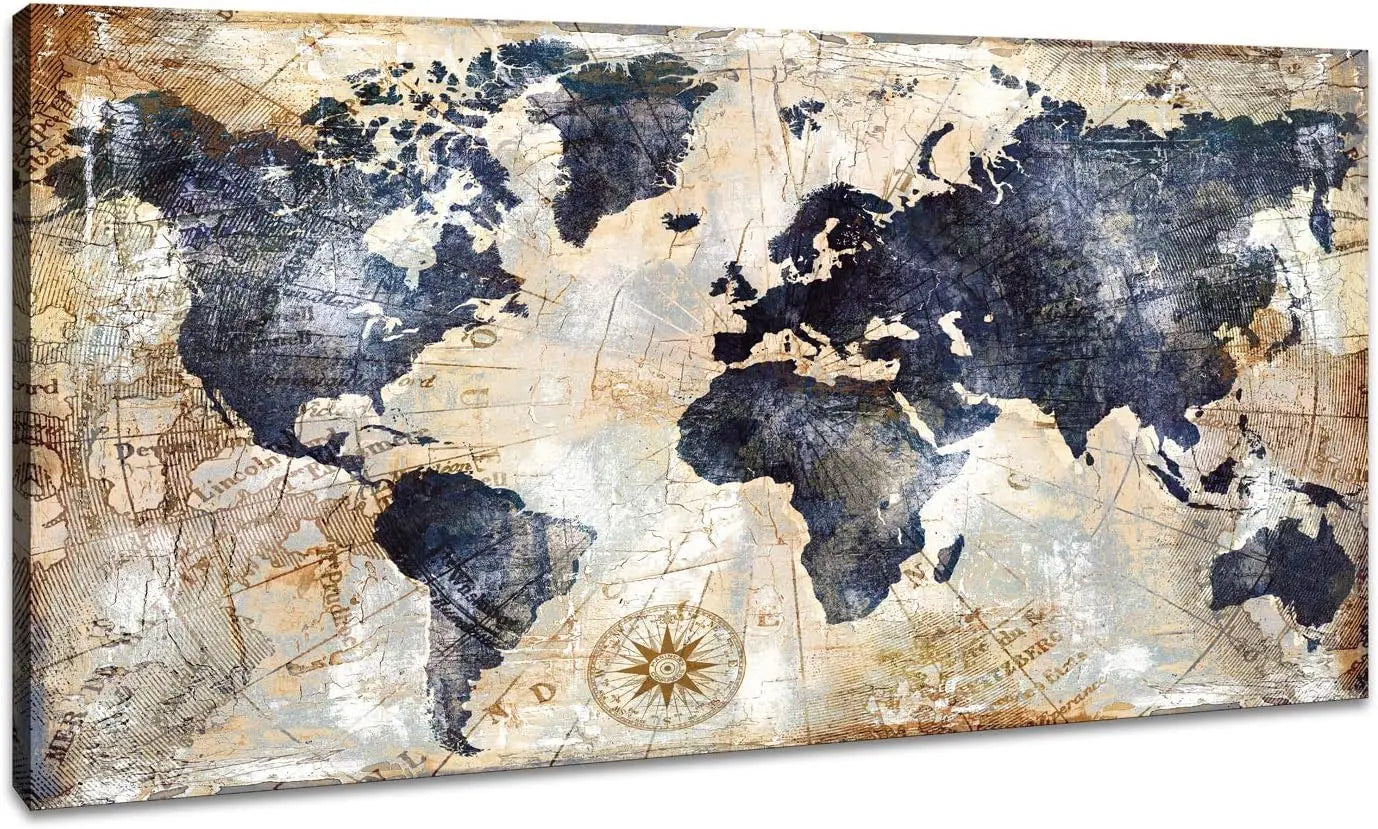 Framed World Map Wall Art Print  Nautical Map Canvas Artwork for Home  Office Decor Travel Memory Picture x inch Ready to Hang