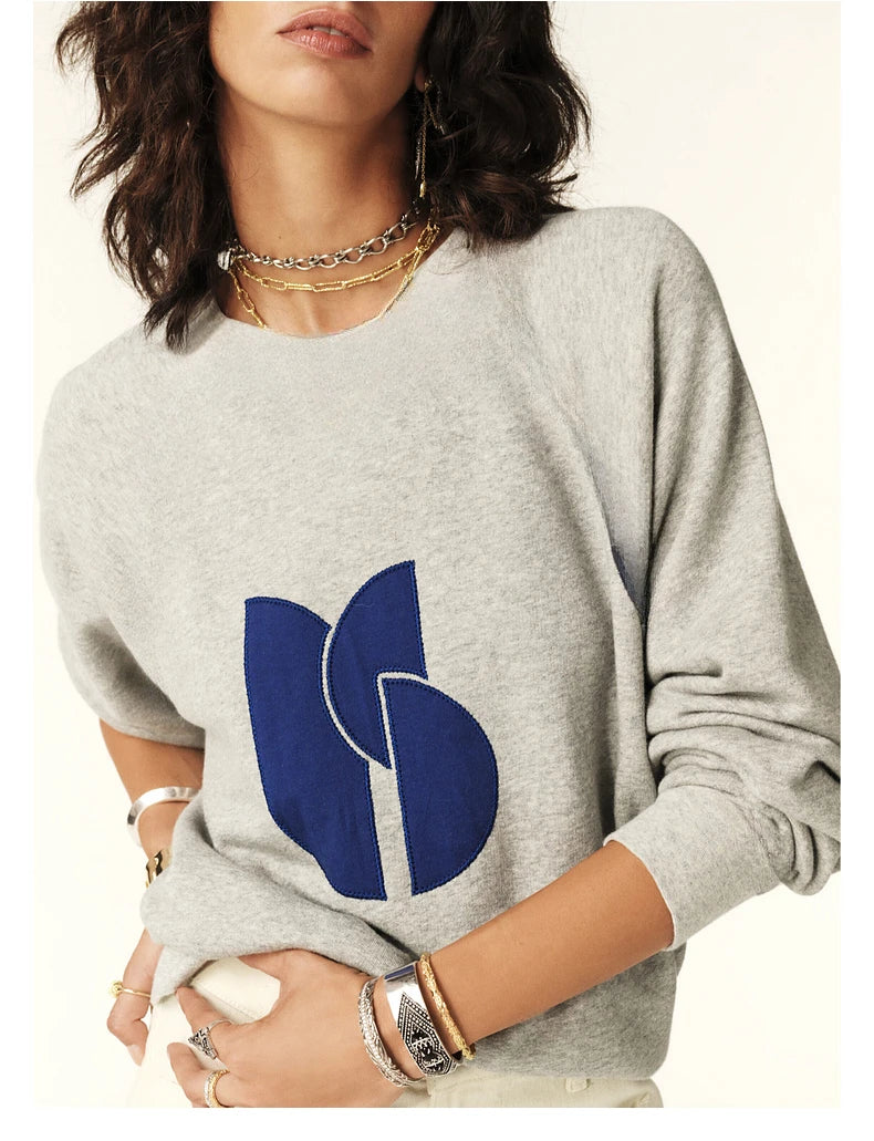 Autumn and Winter Long-sleeved Printed Gray Shoulder-sleeved French Casual Sweater Pirate Seven Treasures
