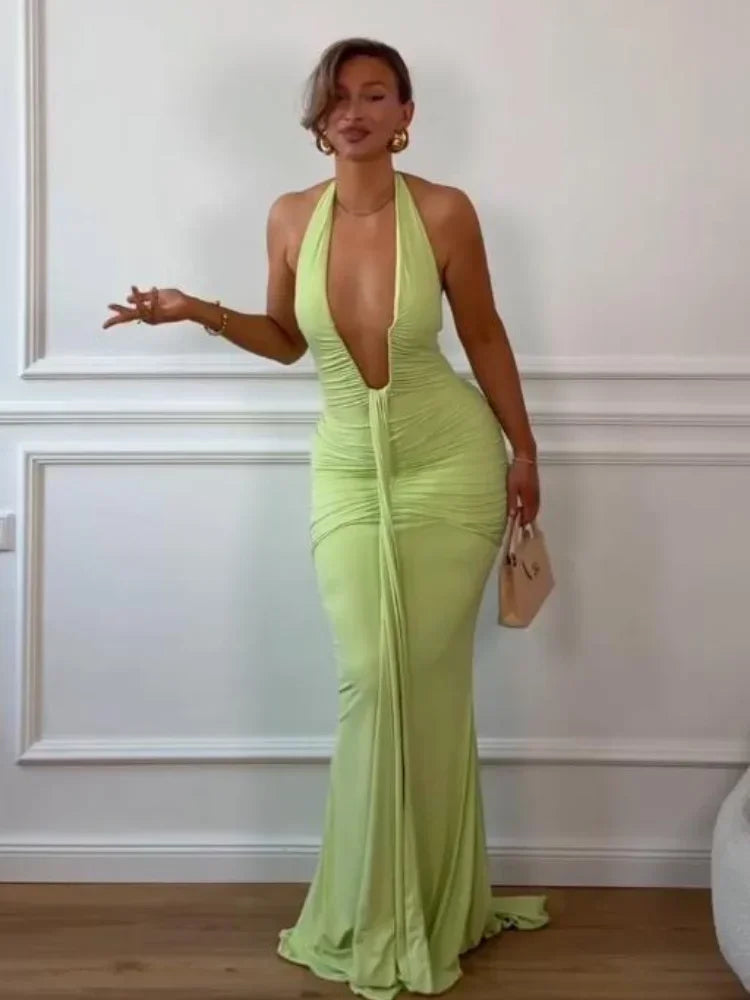 Sexy Deep V-neck Backless Halter Maxi Dresses Women's Sleeveless High Waist Bodycon Pleated Robe 2025 New Evening Party Gown