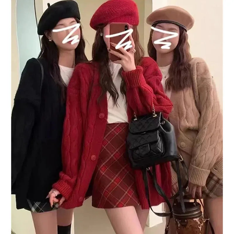 Korean Fashion Female Red Knitted Cardigan Sweater Lazy Wind Loose Cardigans Coat Spring Autumn Casual Thicken Sweater Jacket