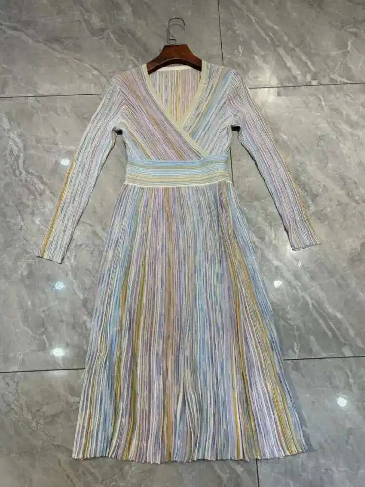 QMQA Fashion Women's Gradient Stripes Design Dresses V Neck High Waist Long Sleeve Elegant Party Dress Female Spring New 1A116
