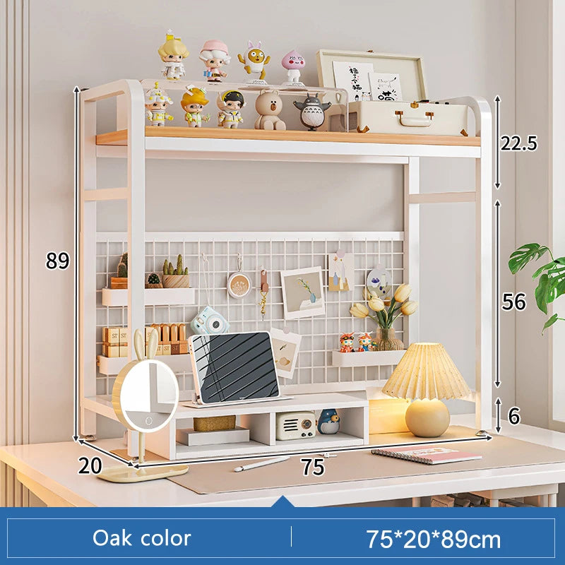 Bookcase With Grid Bookshelf Desktop Multi-layer Wrought Iron Shelf Student Computer Desk Table Hole Board Table Wooden Shelves