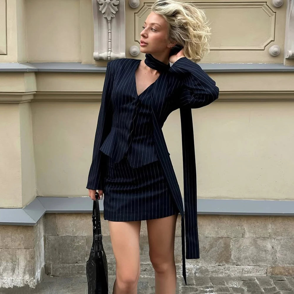 Tuularose 3 Piece Dress Set Women Elegant V-Neck Striped Ribbon Blazer Slim Short Dress Set Fashion Luxury Women Party Dress Set