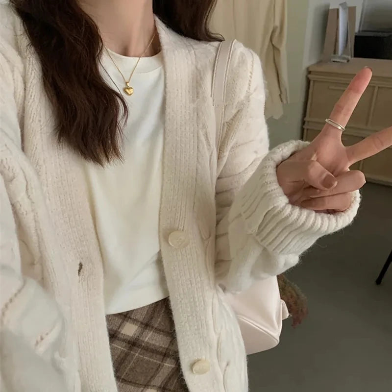 Korean Fashion Female Red Knitted Cardigan Sweater Lazy Wind Loose Cardigans Coat Spring Autumn Casual Thicken Sweater Jacket
