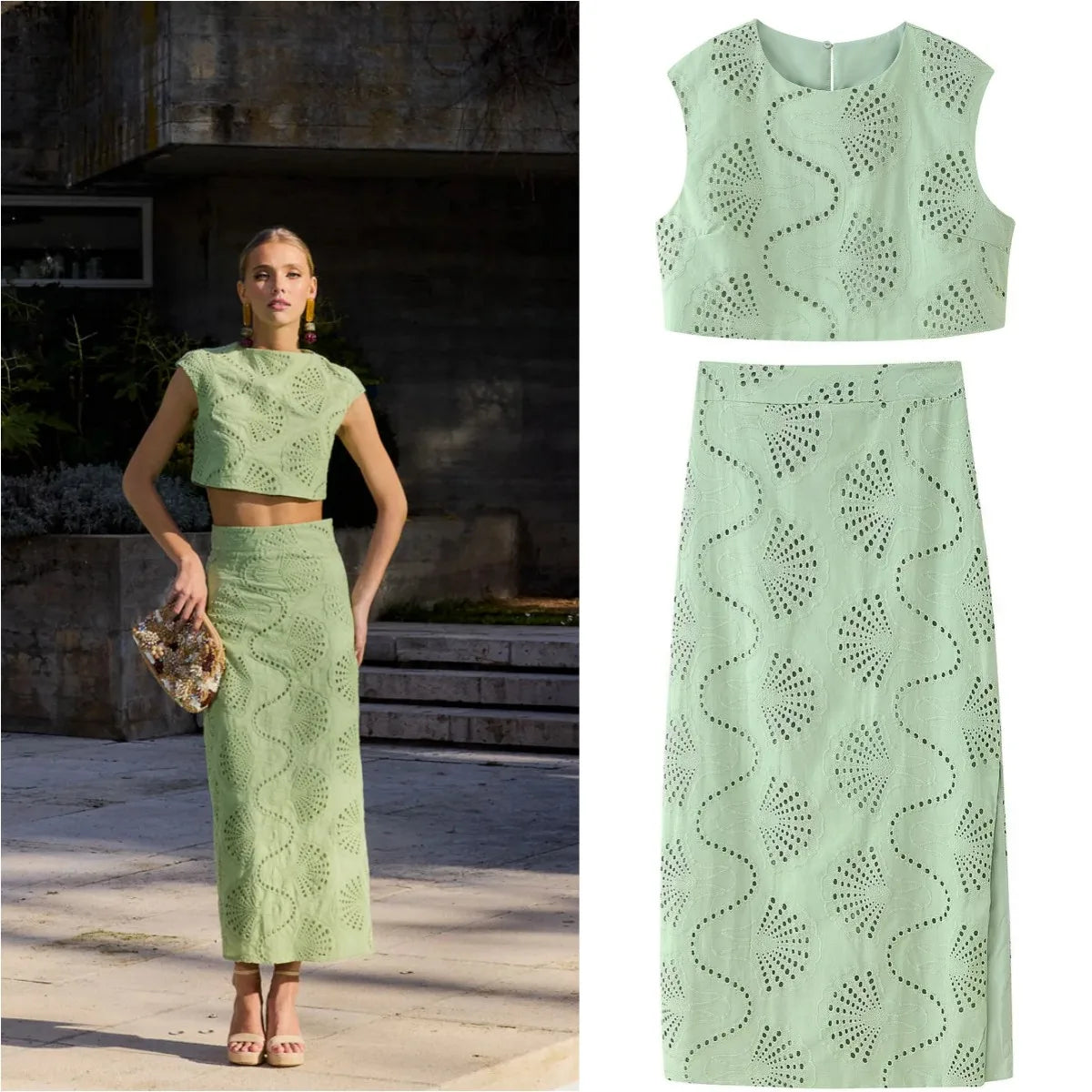 ETJ 2025 new TRAF women's elegant and gentle hollow embroidery round neck jacket & high waist slit skirt fashion casual suit