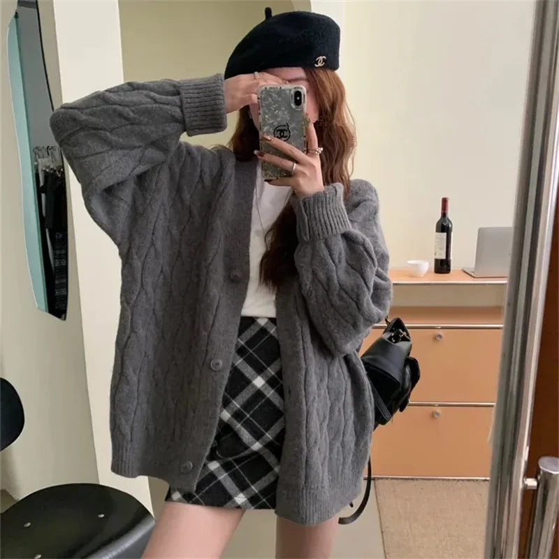 Korean Fashion Female Red Knitted Cardigan Sweater Lazy Wind Loose Cardigans Coat Spring Autumn Casual Thicken Sweater Jacket