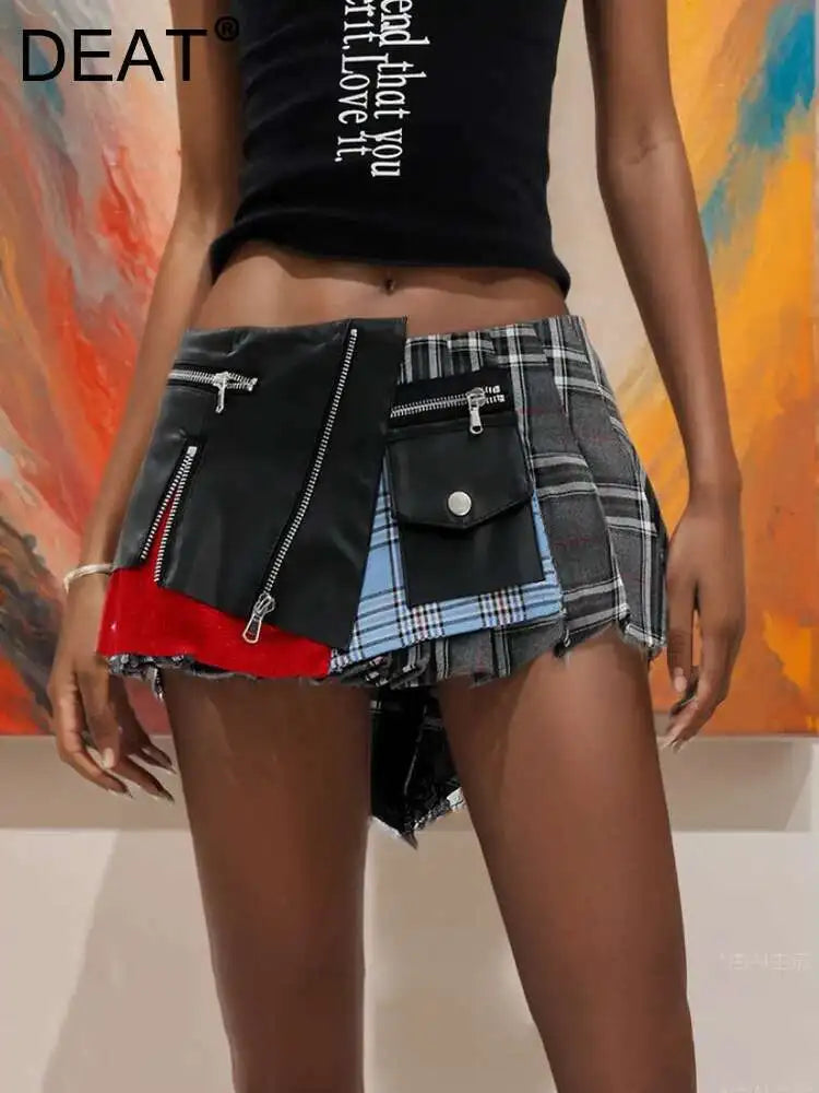 DEAT Fashion Trendy Women's Patchwork Plaid Design Pleated Mini Skirts 2024 Summer New High Waist A-line Skirt Female 29L7565