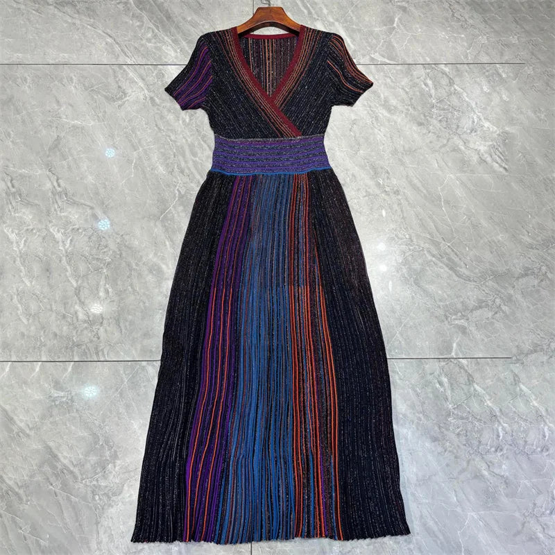 Womens dresses New elastic knitted V-neck long dresses for summer 2025 Waist cinching slim midi dresses striped party dresses