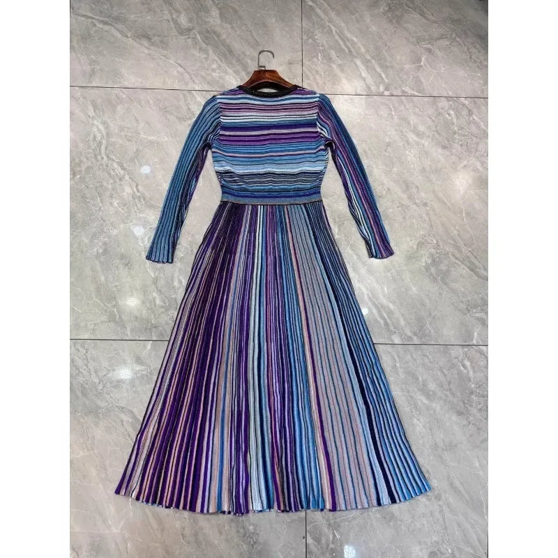 Autumn New Women's Dress High Quality V-neck Long Sleeve Striped Metal Line Luxury Ball Formal Women's Evening Dress