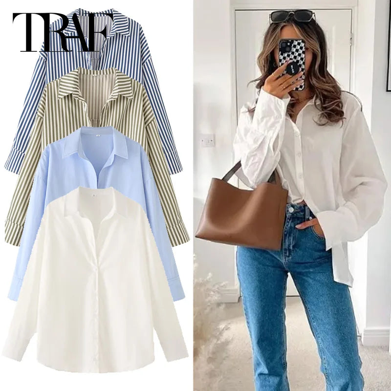 TRAF Woman 2025 Oversized Shirts & Blouses Spring Summer 2025 Woman Elegant Button Up Long Sleeve Blouses Fashion Plus Size Tops