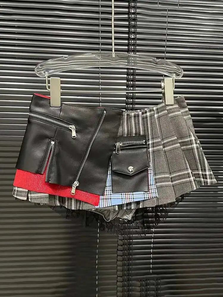 DEAT Fashion Trendy Women's Patchwork Plaid Design Pleated Mini Skirts 2024 Summer New High Waist A-line Skirt Female 29L7565