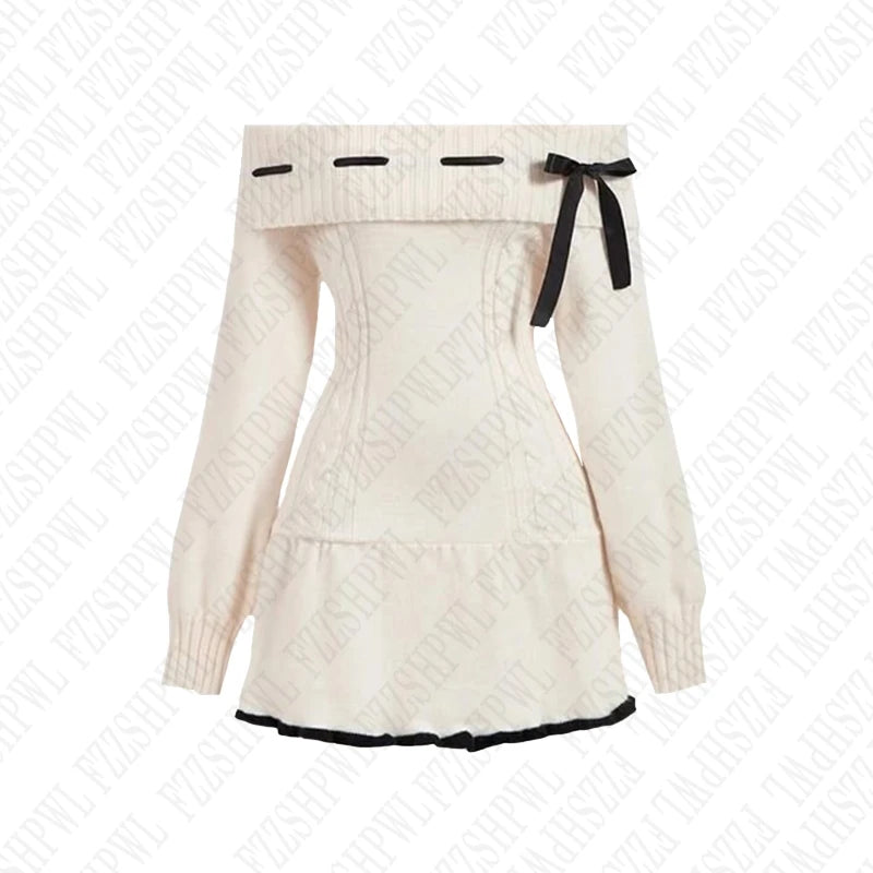 Y2K Harajuku Aesthetics Women Casual Knitted Pullover Sexy Slim Chic Bow Design One-shoulder Neck Sweater Goth Punk Rock Clothes