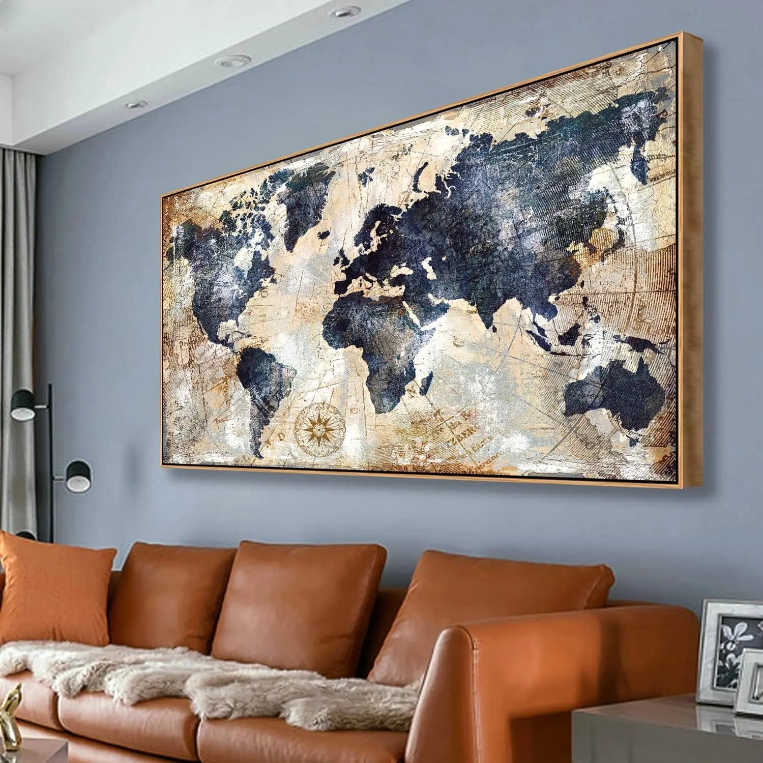 Framed World Map Wall Art Print  Nautical Map Canvas Artwork for Home  Office Decor Travel Memory Picture x inch Ready to Hang