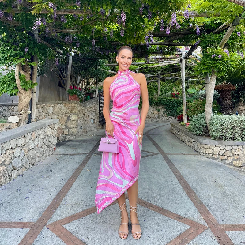 Sexy Backless Print Dress Women Sleevless Halter Irregular Hem Female Party Dresses 2025 Summer Street Lady Ankle-length Robe