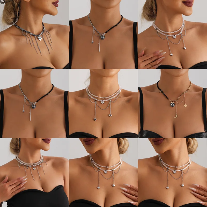 Y2k Choker Heart Necklace Pendant Chain Jewellery Women чокер Glass Layered Neck Collier Femme Cadenas Para Mujer