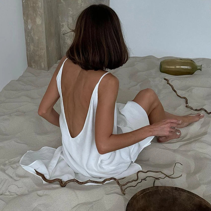 Linad Summer Casual White Long Dress Sexy Loose Backless Split Dresses Woman Street Chic V Neck Straight Dress For Women 2025
