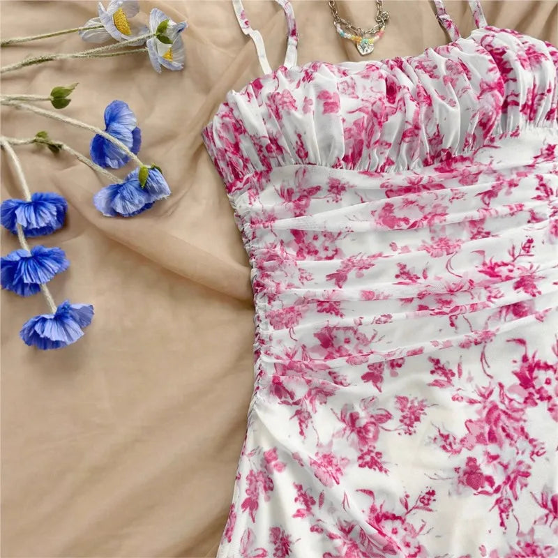 Summer Womens Fashionable Printed Sexy Pleated Dress 2025 Elegant Women's Vacation Style Backless Suspender Beach Mini Vestidos