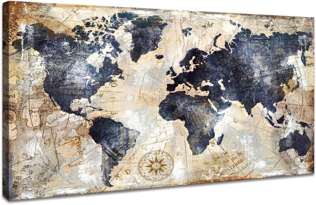 Framed World Map Wall Art Print  Nautical Map Canvas Artwork for Home  Office Decor Travel Memory Picture x inch Ready to Hang