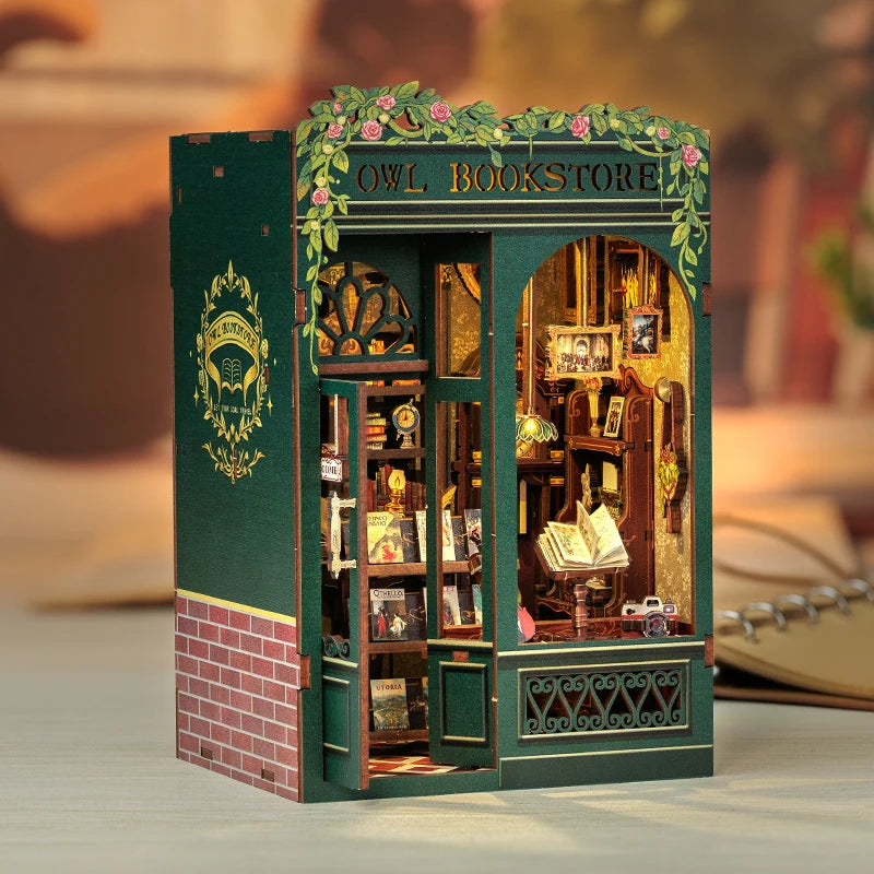 CUTEBEE DIY Book Nook Kit Miniature Dollhouse with Light Wooden Bookshelf Insert Retro Booknook Decor for Gifts Bookshop Series