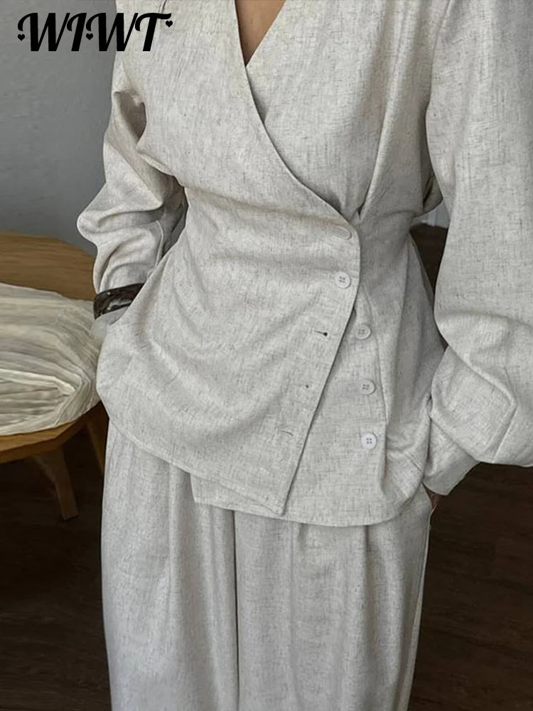 Casual Side Single-breasted Shirt Pants Suit Women Slim Waist-Closed V-neck Full Sleeve Top Wide Leg Trouser 2025 Autumn New Set