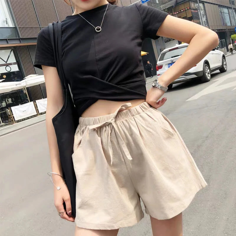 Cotton Linen Shorts Women's Sports Shorts Ladies Summer Solid High Waist Black Shorts Women Fashion Casual Basic Short Pants