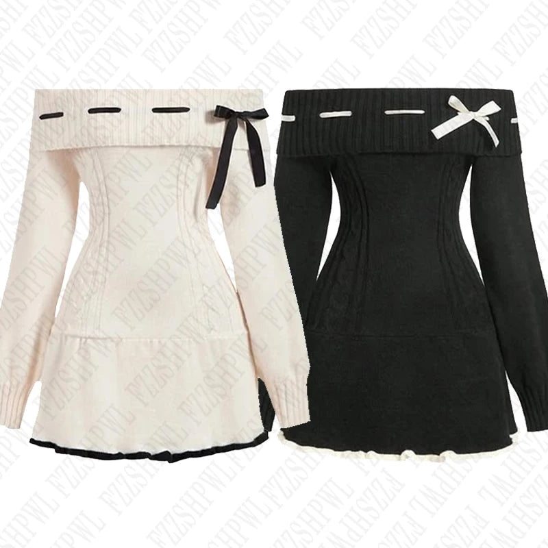 Y2K Harajuku Aesthetics Women Casual Knitted Pullover Sexy Slim Chic Bow Design One-shoulder Neck Sweater Goth Punk Rock Clothes
