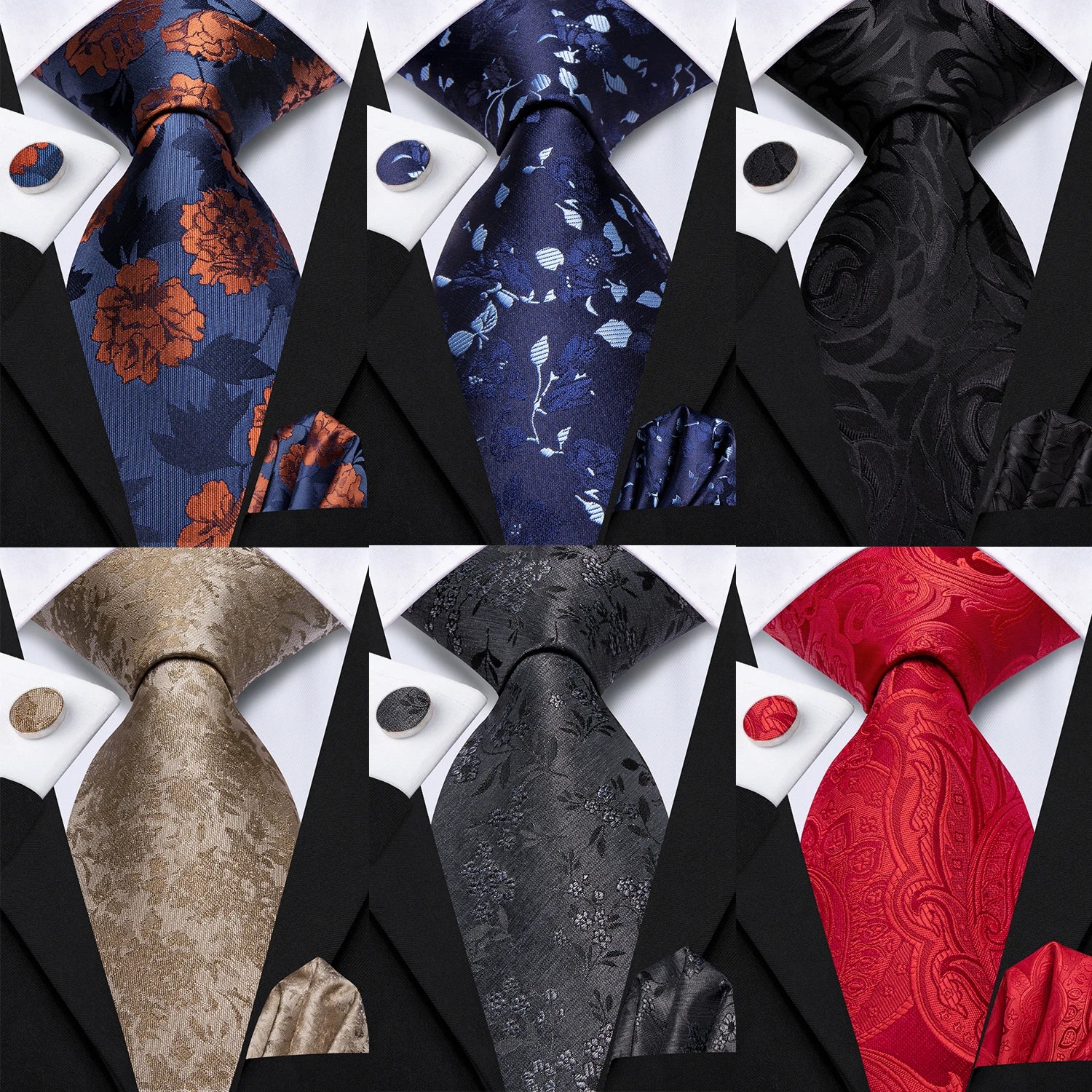 Hi-Tie  Black Blue Orange Floral Mens Fashion Necktie Handkerchief Cufflinks for Tuxedo Classic Tie Man Gift Valentine's Day