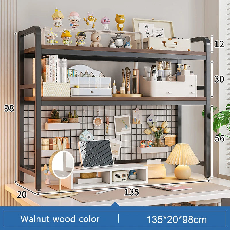 Bookcase With Grid Bookshelf Desktop Multi-layer Wrought Iron Shelf Student Computer Desk Table Hole Board Table Wooden Shelves