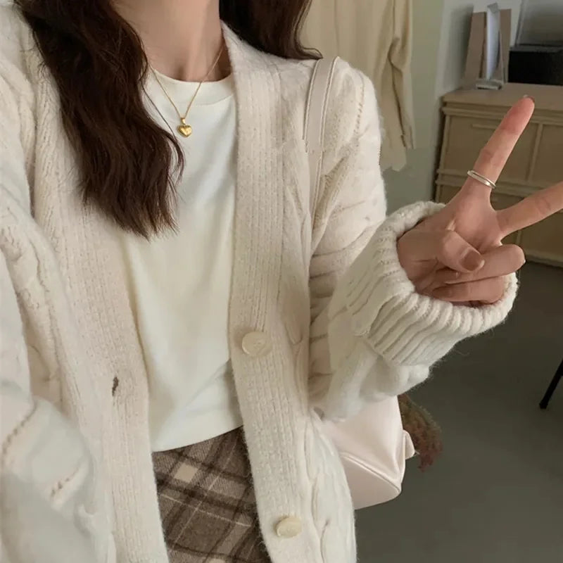 Korean Fashion Female Red Knitted Cardigan Sweater Lazy Wind Loose Cardigans Coat Spring Autumn Casual Thicken Sweater Jacket