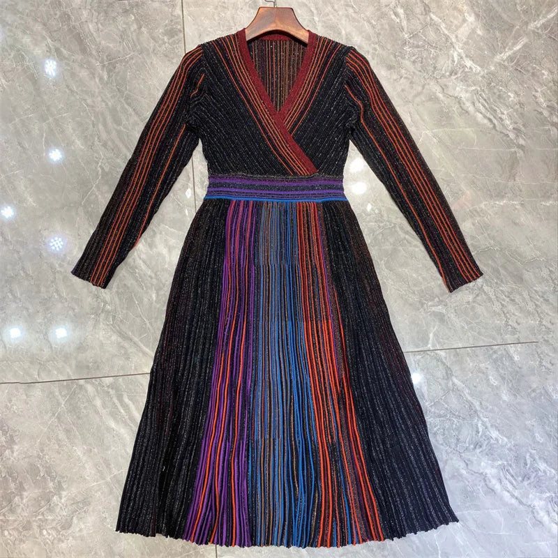 Womens dresses New elastic knitted V-neck long dresses for summer 2025 Waist cinching slim midi dresses striped party dresses